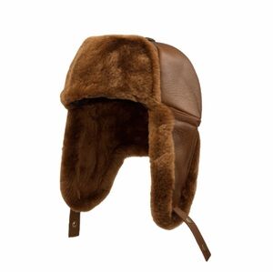 Brown Faux Fur-Lined Real Leather Trapper Hat